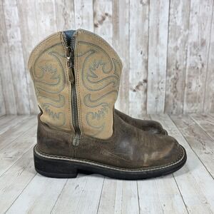 Ariat Girls‎ Western Cowboy Boots Tan Blue Stitching Zip Side Youth Size 7 5B